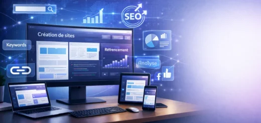 Espace de travail moderne avec écran affichant création web et icônes SEO holographiques.