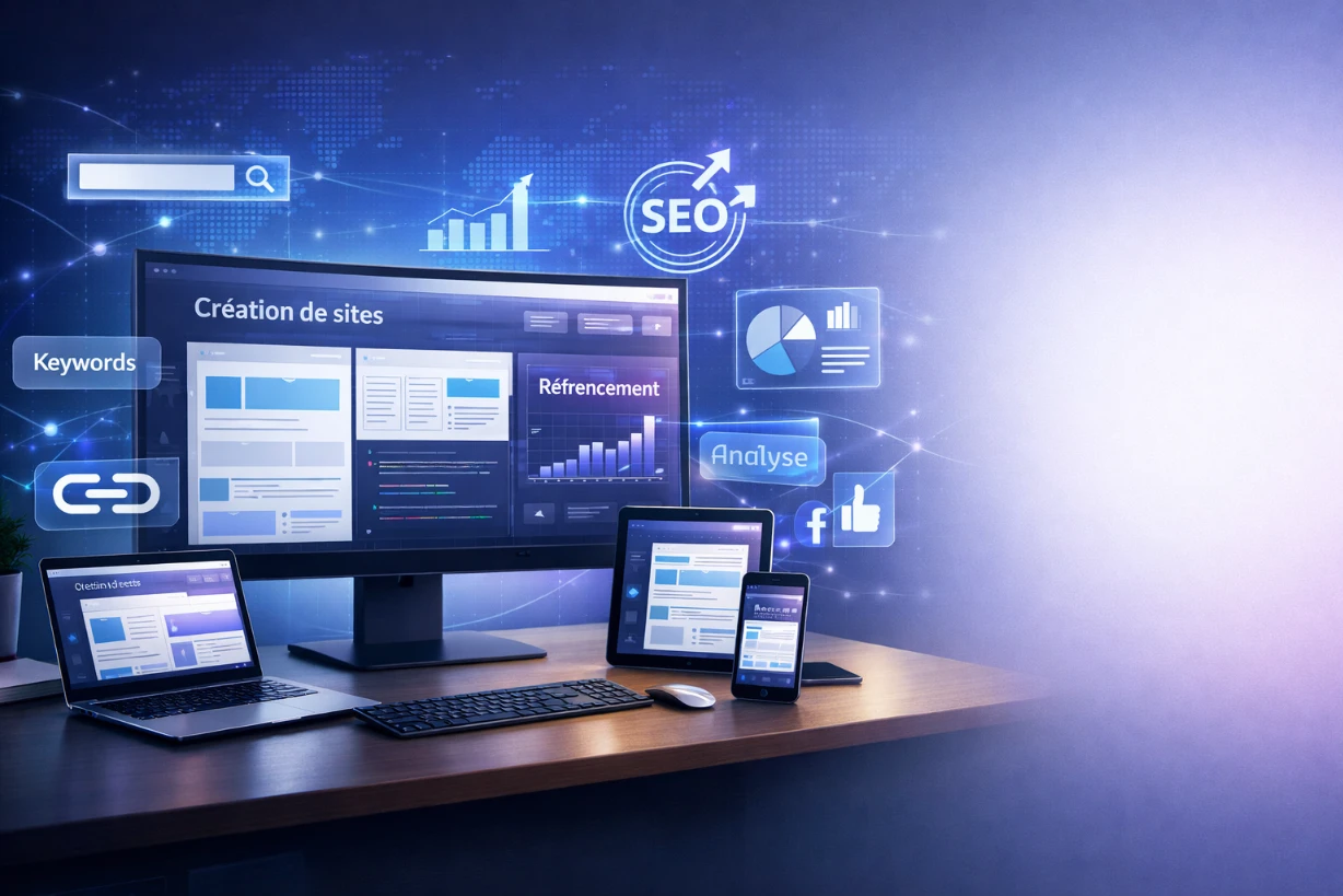 Espace de travail moderne avec écran affichant création web et icônes SEO holographiques.