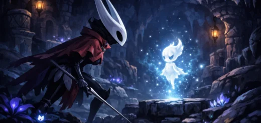 Guerrière insectoïde explorant une caverne sombre face à une âme lumineuse flottante dans un décor mystique.