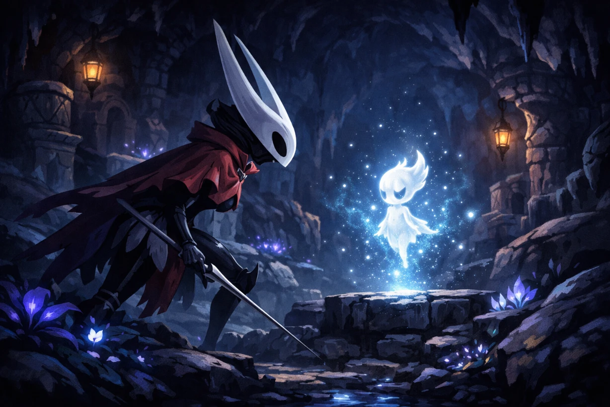 Guerrière insectoïde explorant une caverne sombre face à une âme lumineuse flottante dans un décor mystique.