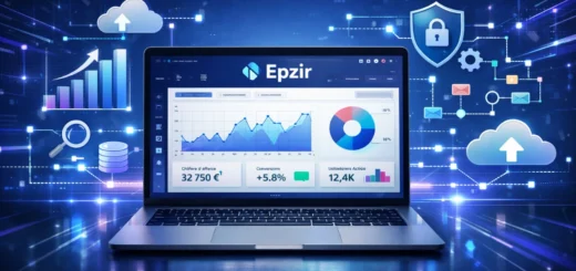 Interface futuriste d’une plateforme en ligne affichée sur un ordinateur avec graphiques et données analytiques.