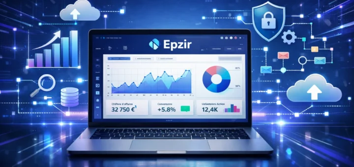 Interface futuriste d’une plateforme en ligne affichée sur un ordinateur avec graphiques et données analytiques.