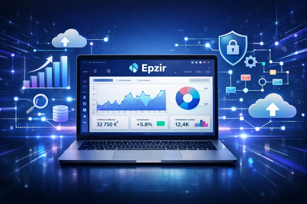 Interface futuriste d’une plateforme en ligne affichée sur un ordinateur avec graphiques et données analytiques.