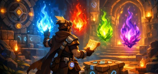 Aventurier face à des flammes magiques colorées dans un temple ancien mystérieux et lumineux.