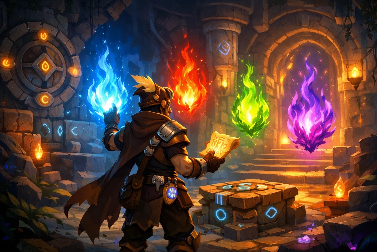 Aventurier face à des flammes magiques colorées dans un temple ancien mystérieux et lumineux.