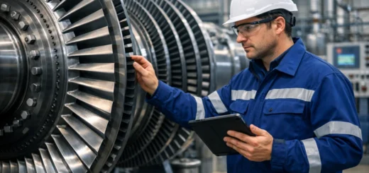 Turbiniste en tenue de sécurité inspectant une turbine moderne dans une centrale énergétique.