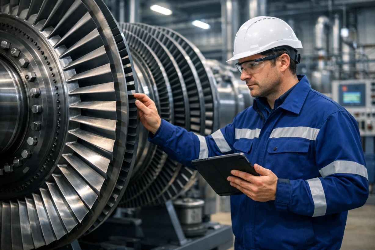 Turbiniste en tenue de sécurité inspectant une turbine moderne dans une centrale énergétique.