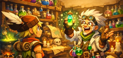 Illustration fantasy style Dofus montrant un aventurier écoutant un alchimiste dans un laboratoire magique coloré.