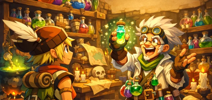 Illustration fantasy style Dofus montrant un aventurier écoutant un alchimiste dans un laboratoire magique coloré.