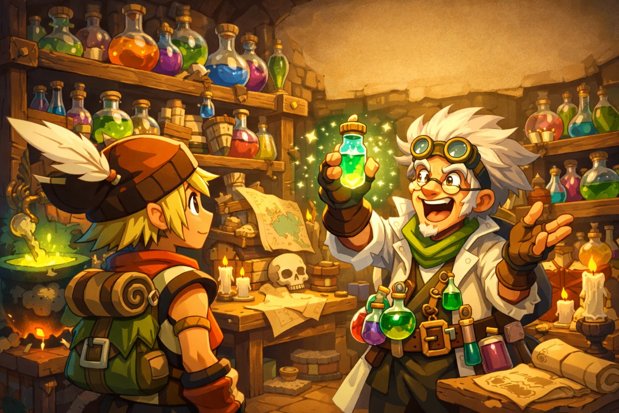 Illustration fantasy style Dofus montrant un aventurier écoutant un alchimiste dans un laboratoire magique coloré.