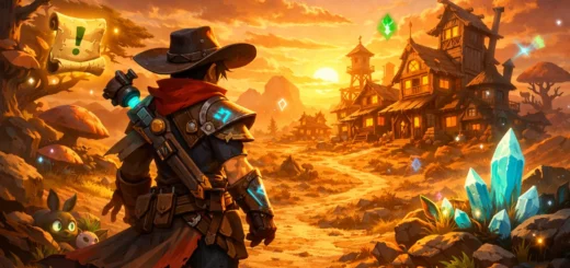 Aventurier fantasy-western devant un village magique au coucher de soleil lumineux.