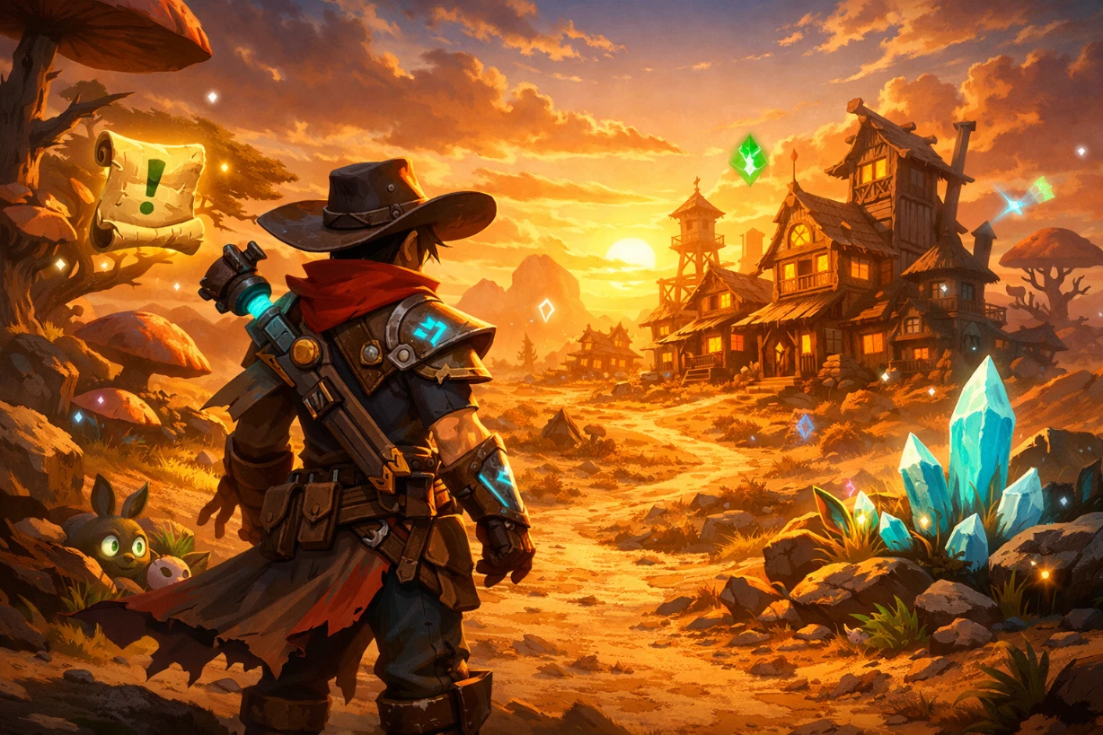 Aventurier fantasy-western devant un village magique au coucher de soleil lumineux.
