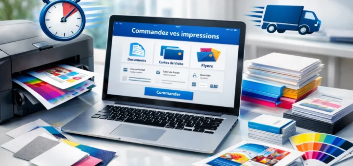 Service d’impression en ligne rapide avec ordinateur, imprimante et supports colorés variés.