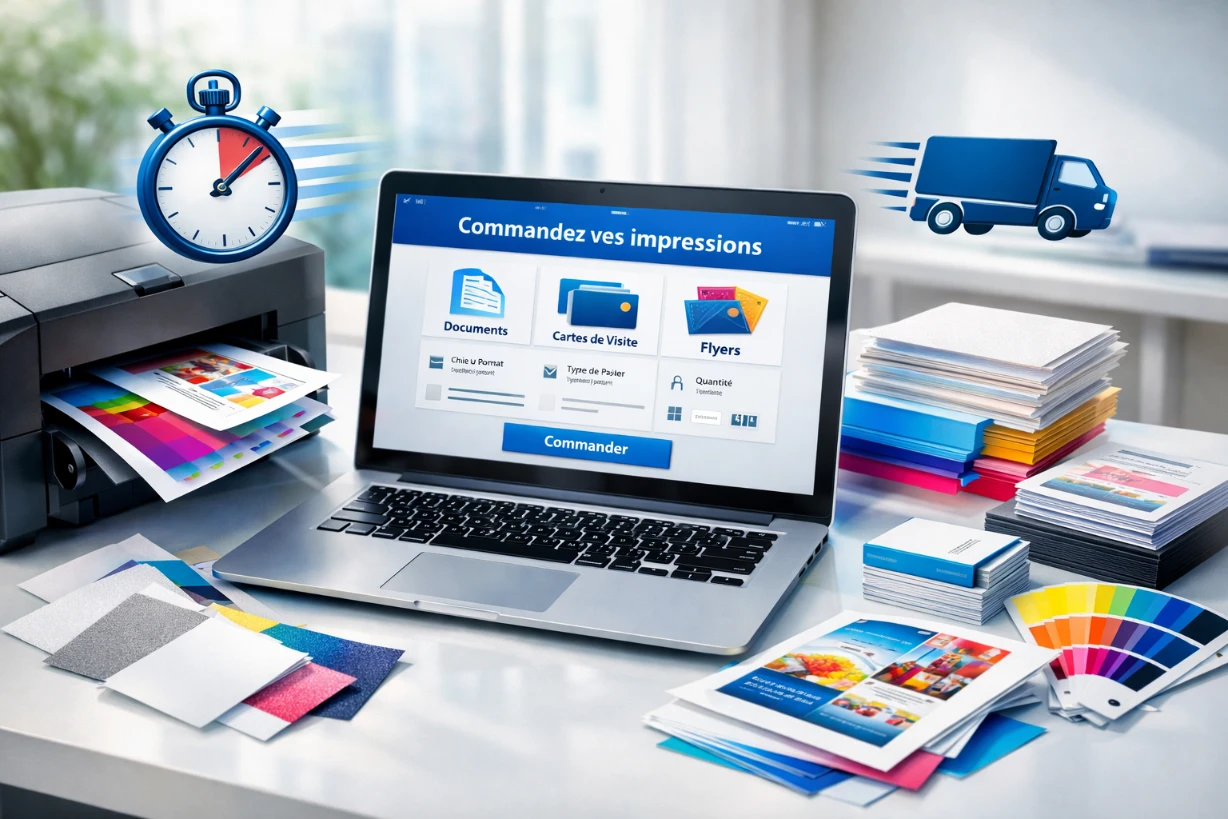 Service d’impression en ligne rapide avec ordinateur, imprimante et supports colorés variés.