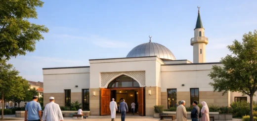 Vue extérieure paisible de la mosquée Tawba à Bussy avec fidèles devant l’entrée, lumière douce calme.