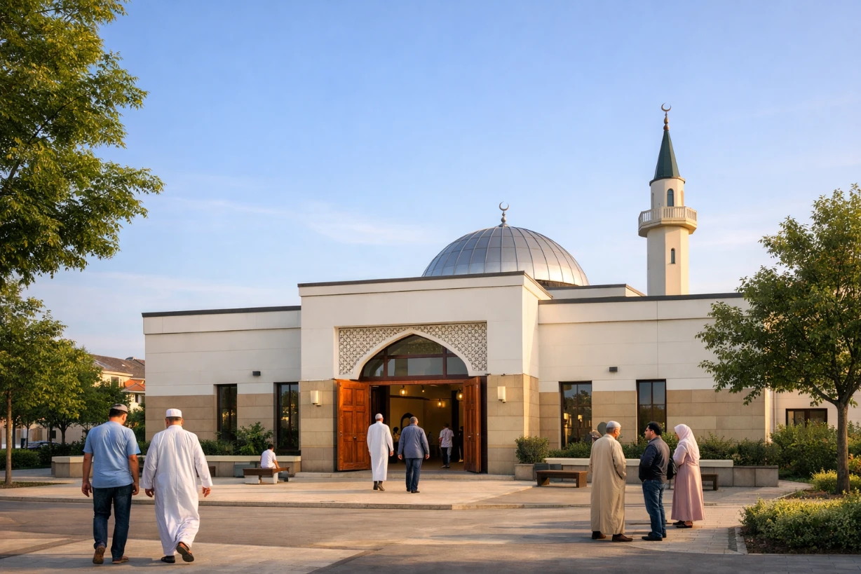 Vue extérieure paisible de la mosquée Tawba à Bussy avec fidèles devant l’entrée, lumière douce calme.