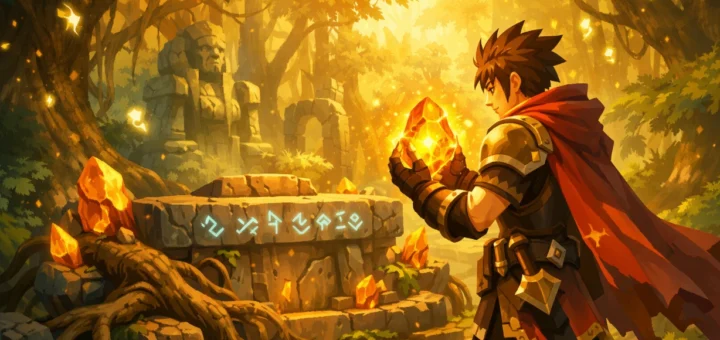 Aventurier devant un autel ancien tenant un ambre magique brillant dans une forêt mystique du Monde des Douze.