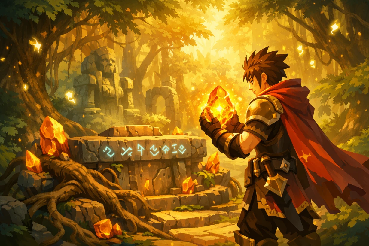 Aventurier devant un autel ancien tenant un ambre magique brillant dans une forêt mystique du Monde des Douze.