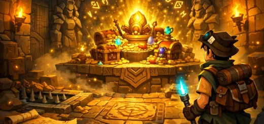 Aventurier découvre un trésor doré dans un temple ancien rempli de mystères et de magie.