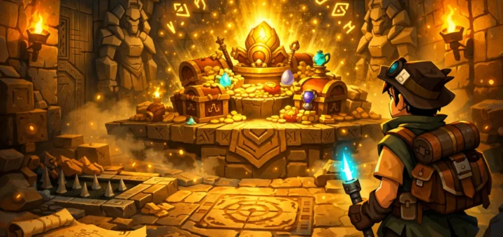 Aventurier découvre un trésor doré dans un temple ancien rempli de mystères et de magie.