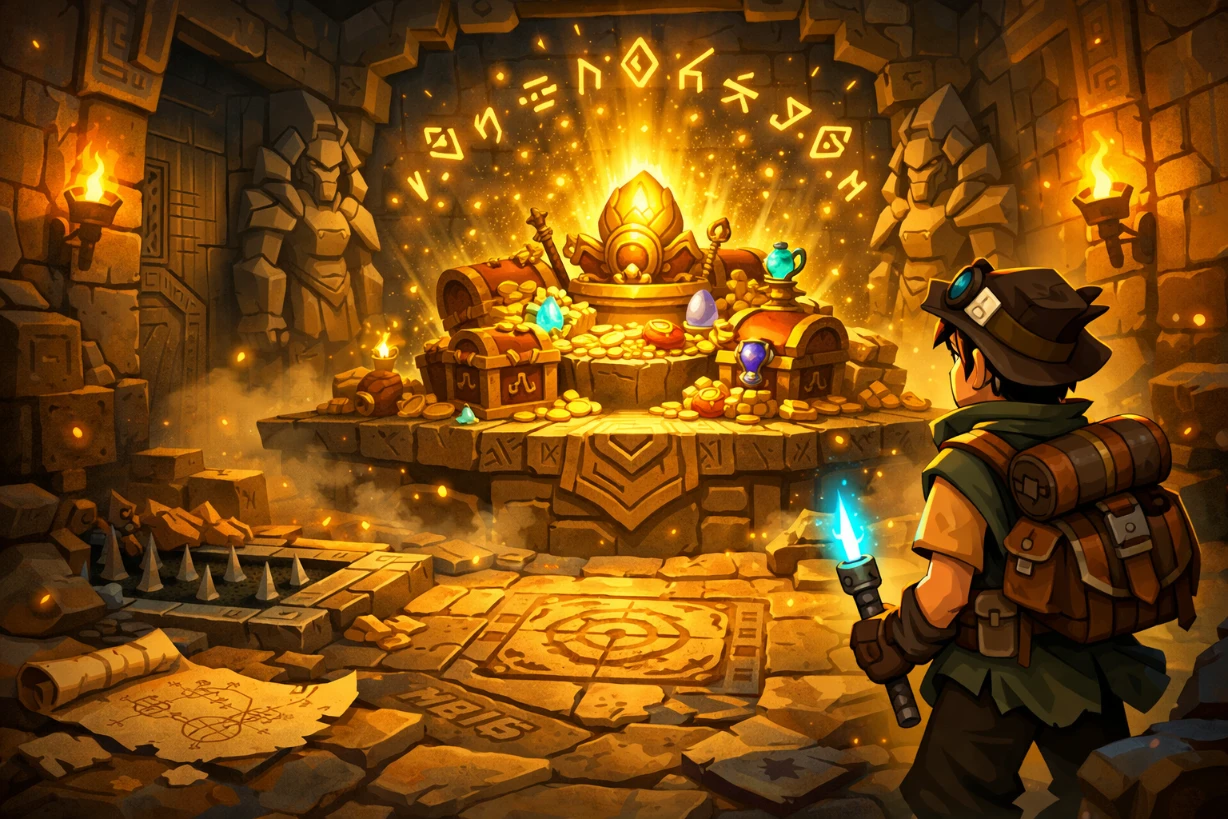 Aventurier découvre un trésor doré dans un temple ancien rempli de mystères et de magie.