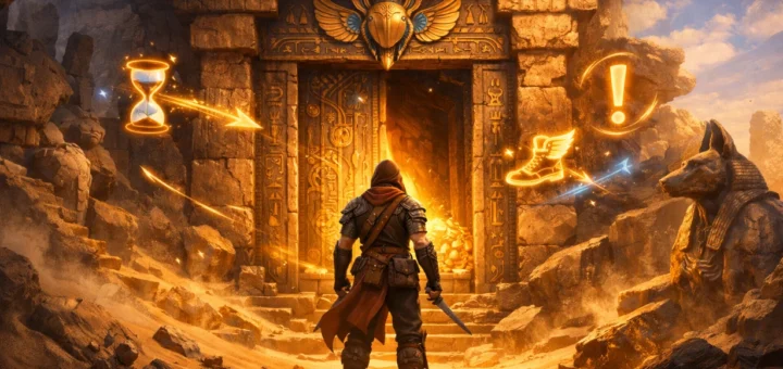 Aventurier devant un temple ancien dans le désert, lumière dorée et indices magiques en mouvement.