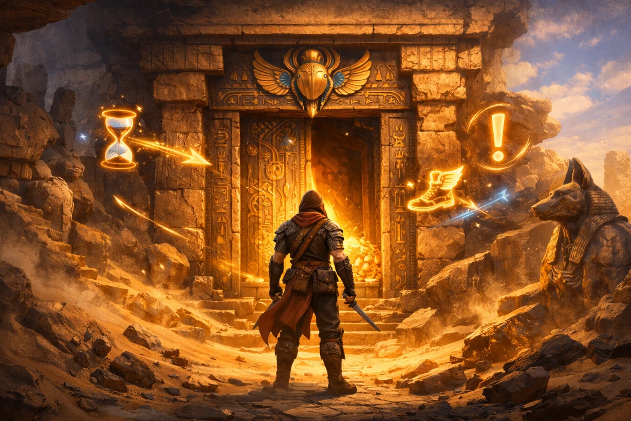 Aventurier devant un temple ancien dans le désert, lumière dorée et indices magiques en mouvement.