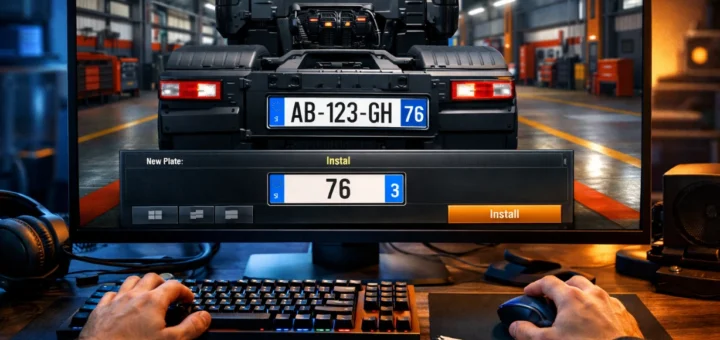Installation d'une plaque d'immatriculation française 76 sur un camion dans Euro Truck Simulator 2.