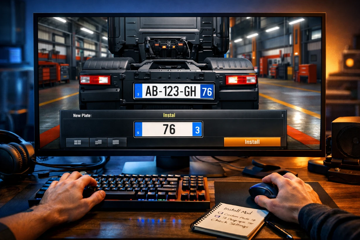 Installation d'une plaque d'immatriculation française 76 sur un camion dans Euro Truck Simulator 2.