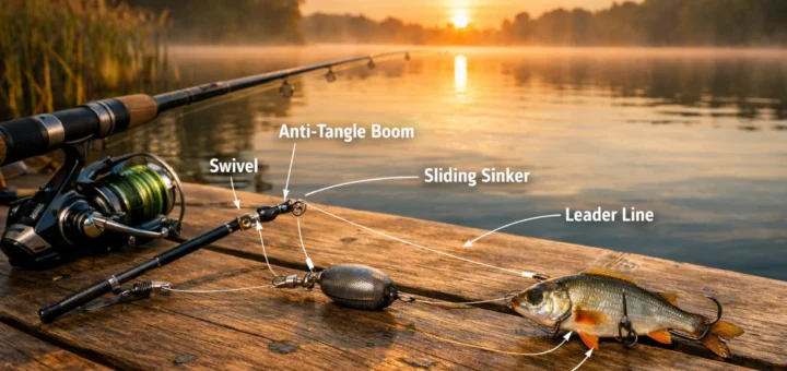 Banc de pêche au lever du soleil avec montage vif anti-emmêlage et ligne clairement visible.