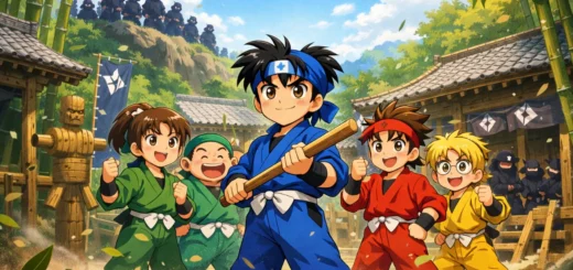 Jeunes ninjas s'entraînant dans une académie japonaise tandis que le clan Dokutake observe au loin.