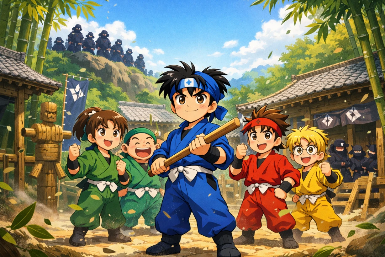 Jeunes ninjas s'entraînant dans une académie japonaise tandis que le clan Dokutake observe au loin.