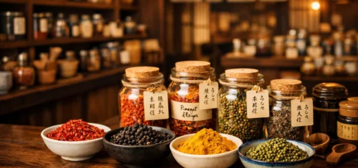Comptoir d'épices rares dans une boutique japonaise élégante, bocaux colorés et ambiance Kyoto chaleureuse.