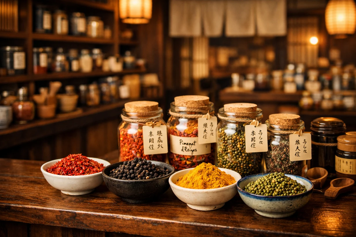 Comptoir d'épices rares dans une boutique japonaise élégante, bocaux colorés et ambiance Kyoto chaleureuse.