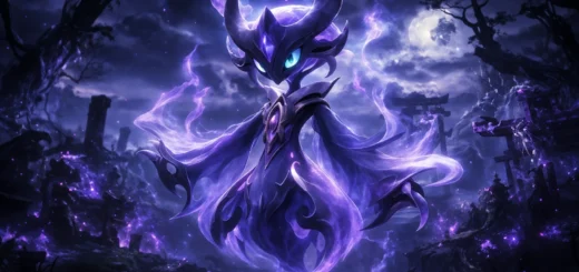 Créature spectrale violette flottant dans un paysage brumeux nocturne et mystérieux.