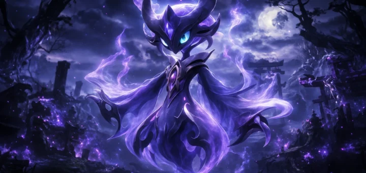 Créature spectrale violette flottant dans un paysage brumeux nocturne et mystérieux.