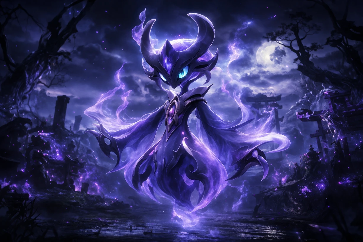 Créature spectrale violette flottant dans un paysage brumeux nocturne et mystérieux.