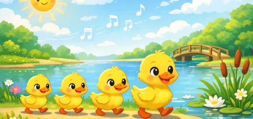 Petits canards jaunes en file au bord d’un étang, ambiance joyeuse de comptine enfantine colorée.