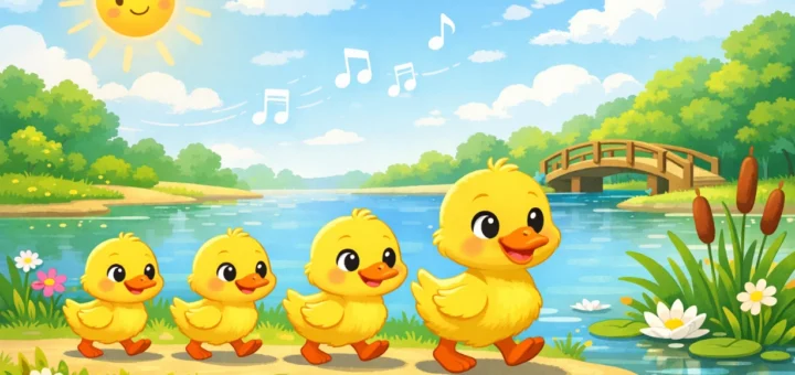 Petits canards jaunes en file au bord d’un étang, ambiance joyeuse de comptine enfantine colorée.