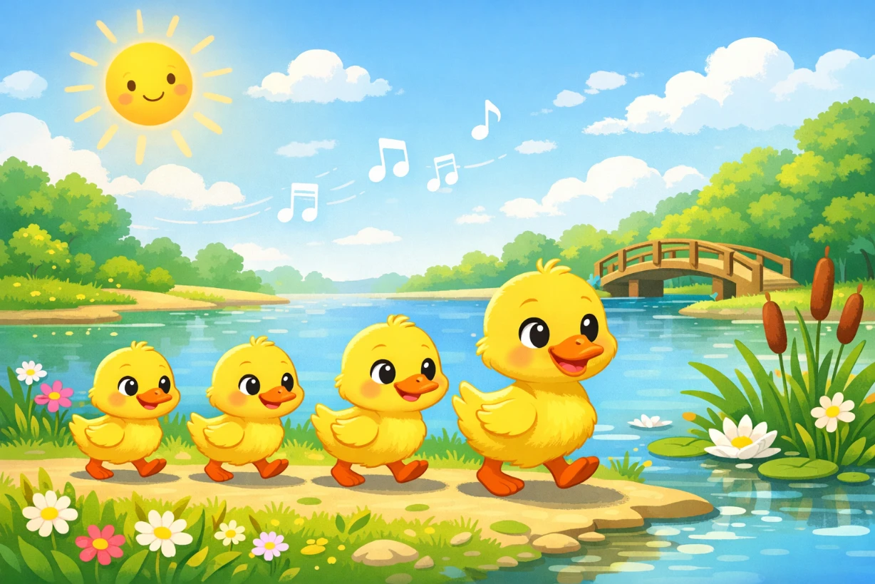 Petits canards jaunes en file au bord d’un étang, ambiance joyeuse de comptine enfantine colorée.