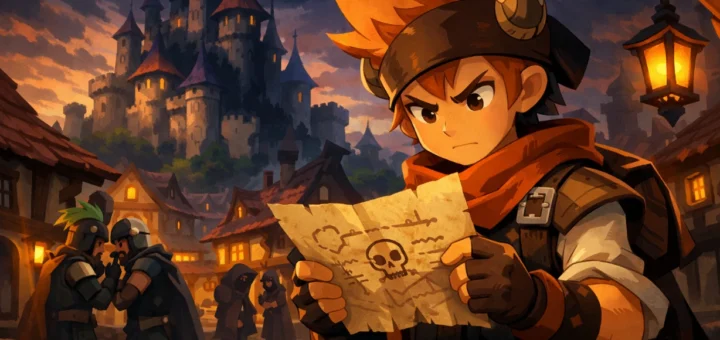 Aventurier examinant un parchemin mystérieux devant un château sombre dans un royaume fantasy style Dofus.