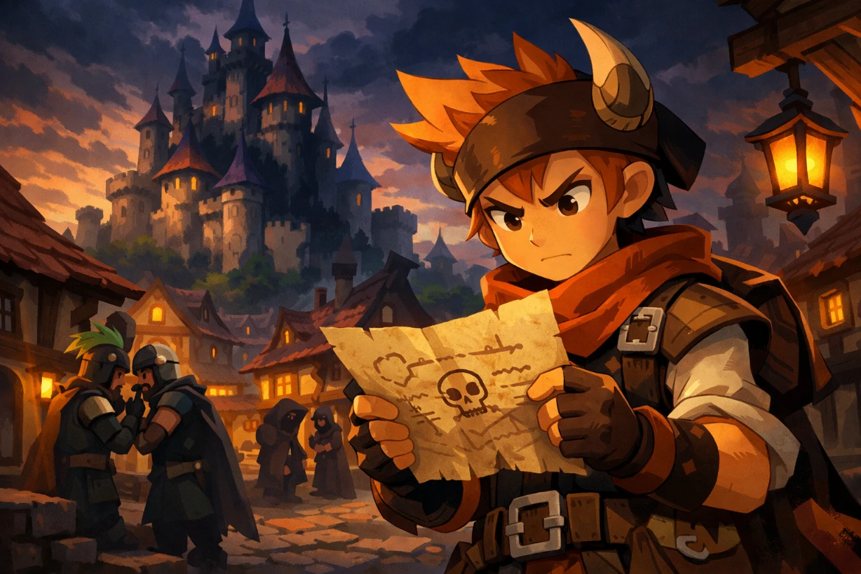 Aventurier examinant un parchemin mystérieux devant un château sombre dans un royaume fantasy style Dofus.