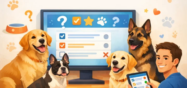 Chiens variés autour d’un écran de quiz interactif, ambiance ludique et moderne animalière joyeuse.