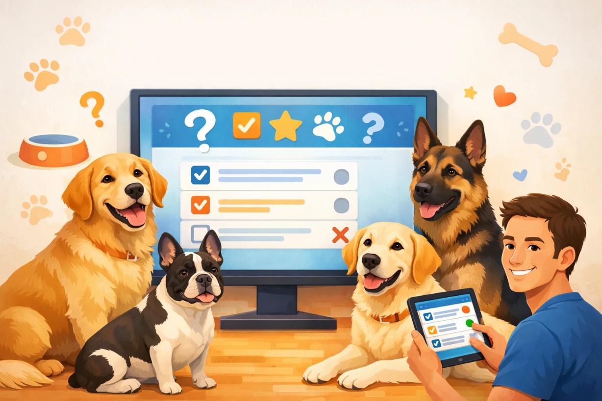 Chiens variés autour d’un écran de quiz interactif, ambiance ludique et moderne animalière joyeuse.
