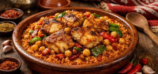 Couscous sfaxien au mérou servi dans un plat en terre cuite, ambiance chaleureuse et authentique.