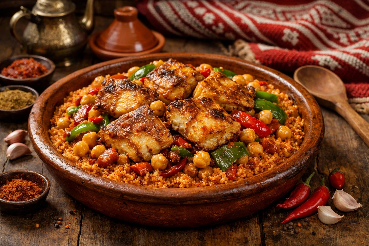 Couscous sfaxien au mérou servi dans un plat en terre cuite, ambiance chaleureuse et authentique.