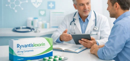 Médecin expliquant l’utilisation du médicament Ryvantislexorin à un patient dans un cabinet médical moderne.