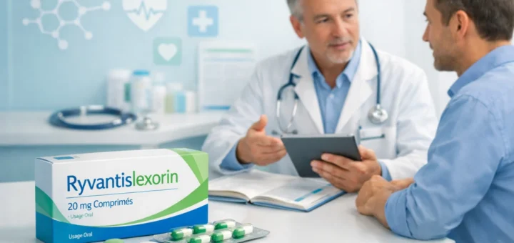 Médecin expliquant l’utilisation du médicament Ryvantislexorin à un patient dans un cabinet médical moderne.