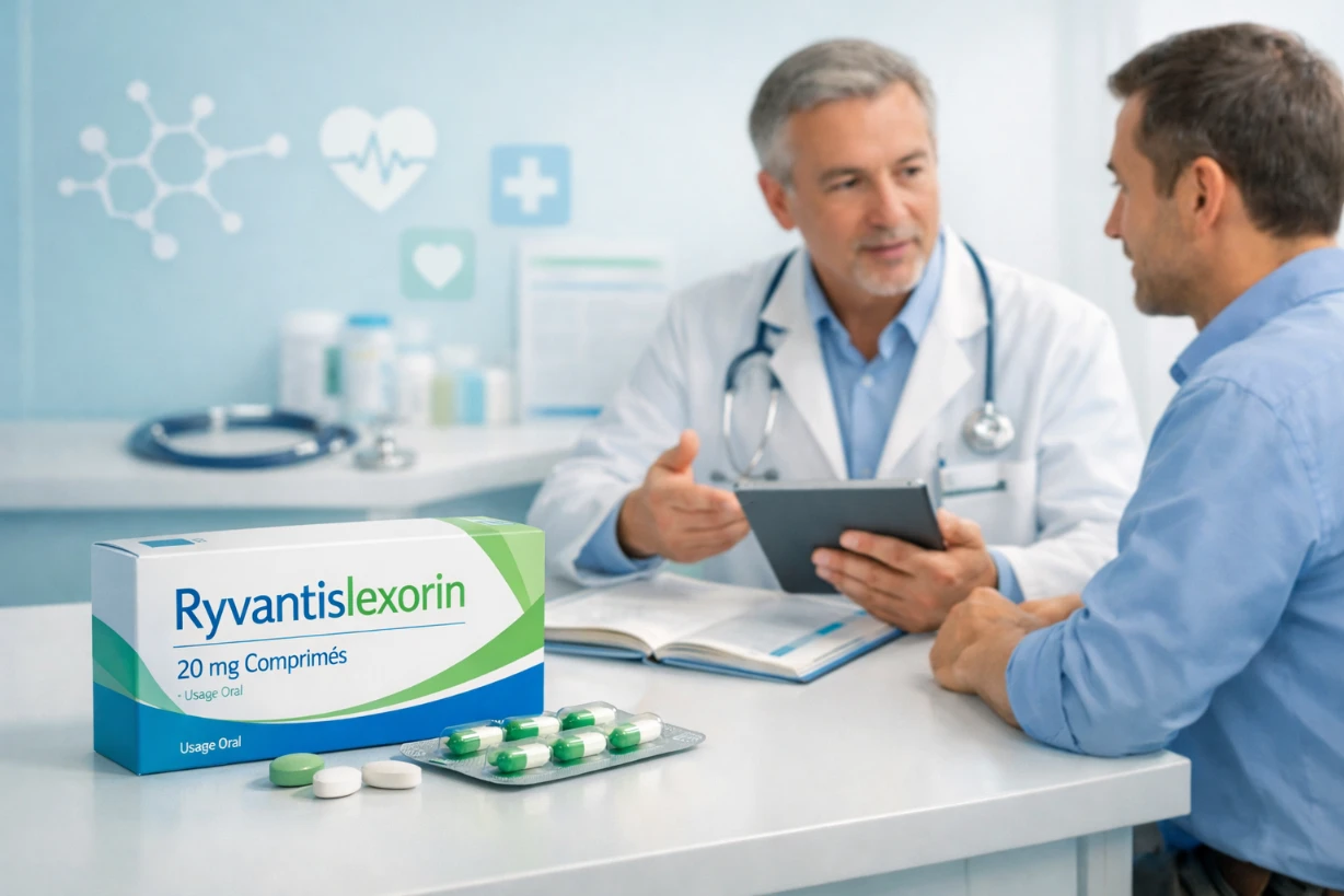 Médecin expliquant l’utilisation du médicament Ryvantislexorin à un patient dans un cabinet médical moderne.
