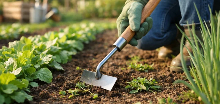 Jardinier utilisant un schoffeltuig pour désherber entre rangées de plantes au jardin verdoyant.